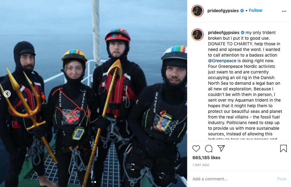the Greenpeace activists in the North Sea with Jason Momoa's trident