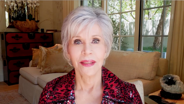 Jane Fonda with a message of support for the Greenpeace activists in the North Sea